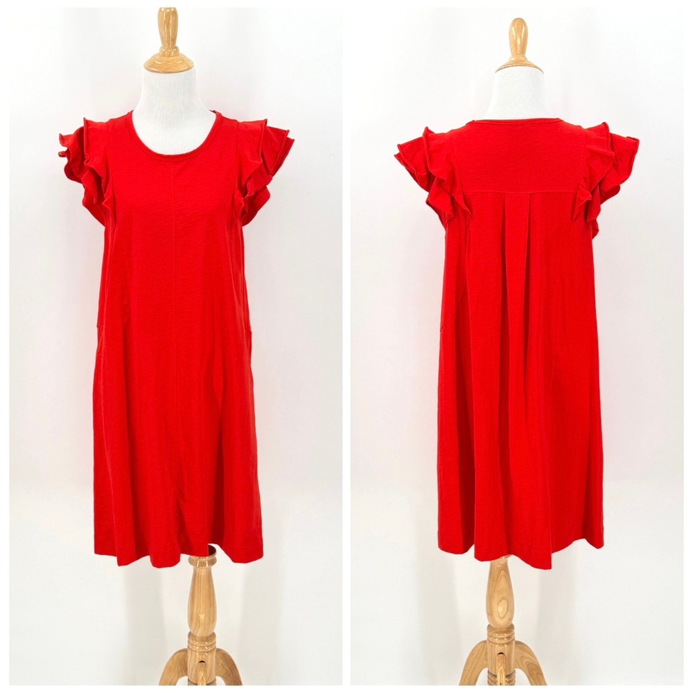 ME+EM Ruffle A-Line Dress Womens 12 Red Cotton Sleeveless Vacation Pockets